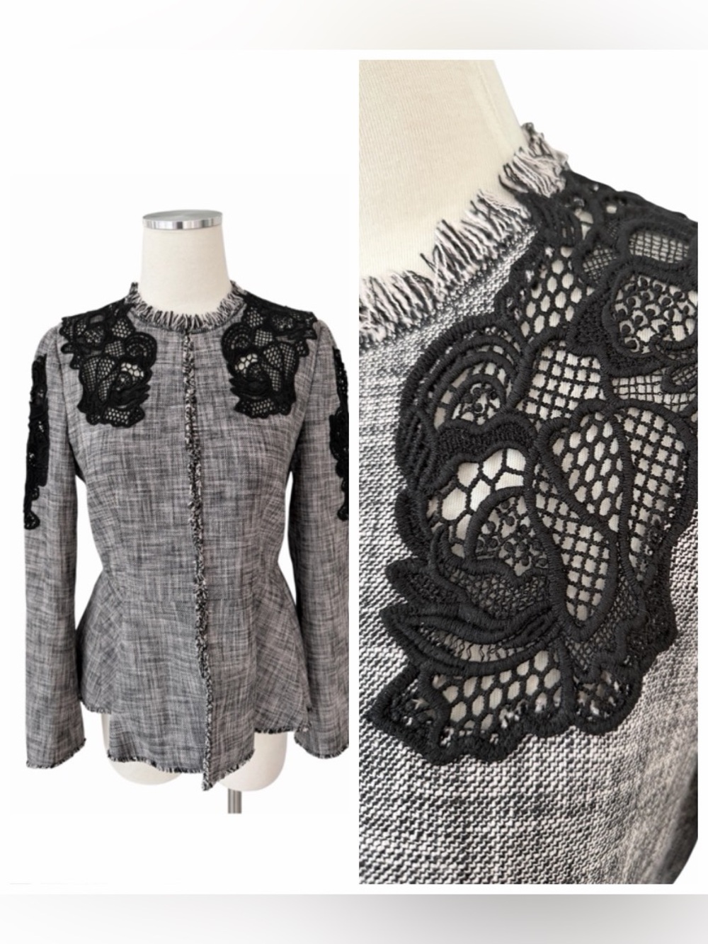 Rebecca Taylor Grey Tweed Blazer with Black Crochet Lace Details Sz 4